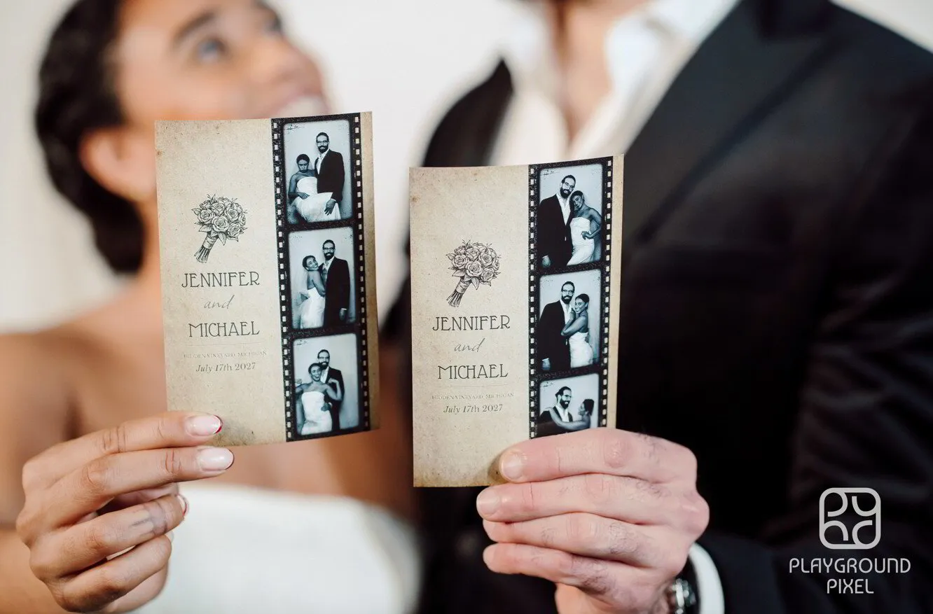 Custom wedding photo booth print strips on display
